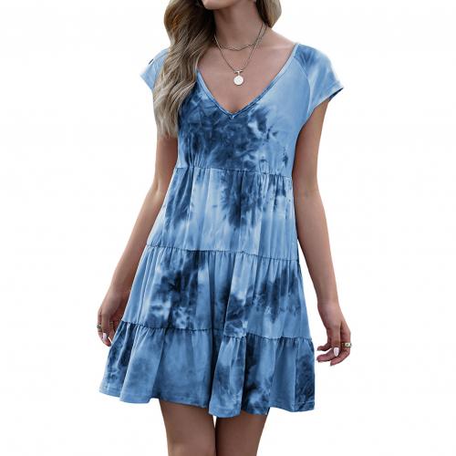 Plus Size Dress Women Fashion Tie Dye Short Sleeve V Neck Floral Print Ruffle Hem Mini Dress Sexy Women Clothing