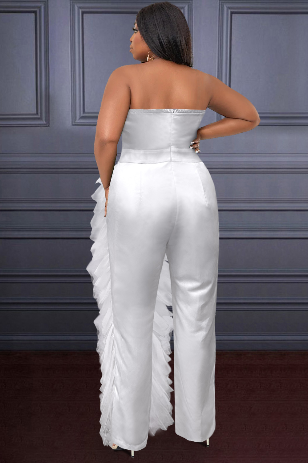 Plus Size Wedding Guest Jumpsuits Elegant White Fall Winter Off Shoulder Flounce Chiffon Jumpsuits