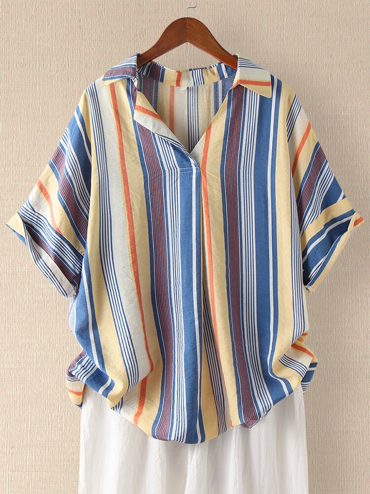 Women Striped Print Short Sleeve V neck Casual Shirt P1686221
