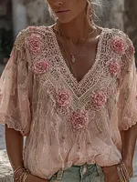 Women's Spring Floral Embroidered Art Flowy Linen Blend Short Sleeve Casual Tops