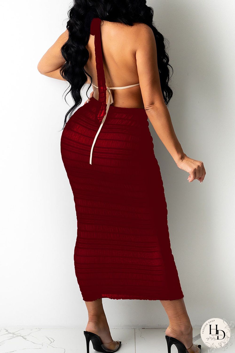 Black Sexy Print Hollowed Out Split Joint Halter Pencil Skirt Plus Size Two Pieces