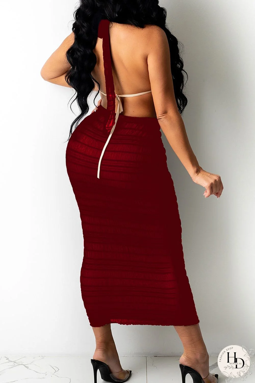 Black Sexy Print Hollowed Out Split Joint Halter Pencil Skirt Plus Size Two Pieces