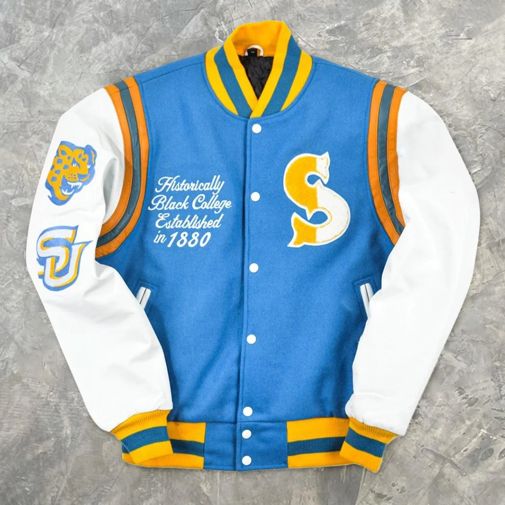Retro college style blue baseball uniform jacket
