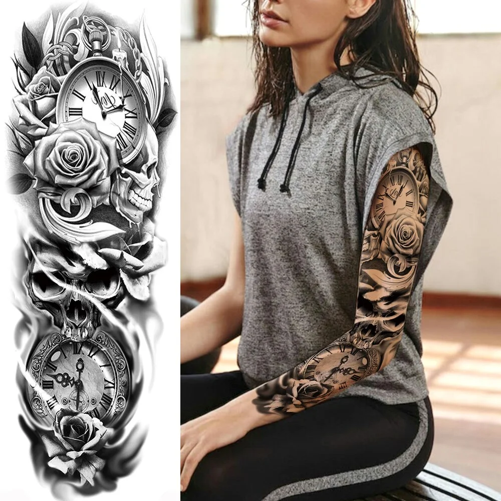 Sdrawing Totem Tattoo Arm Sleeve For Men Women Adult Realistic Fake Skeleton King Temporary Tattoo Evil Eye Demon Death Skull Tatoo