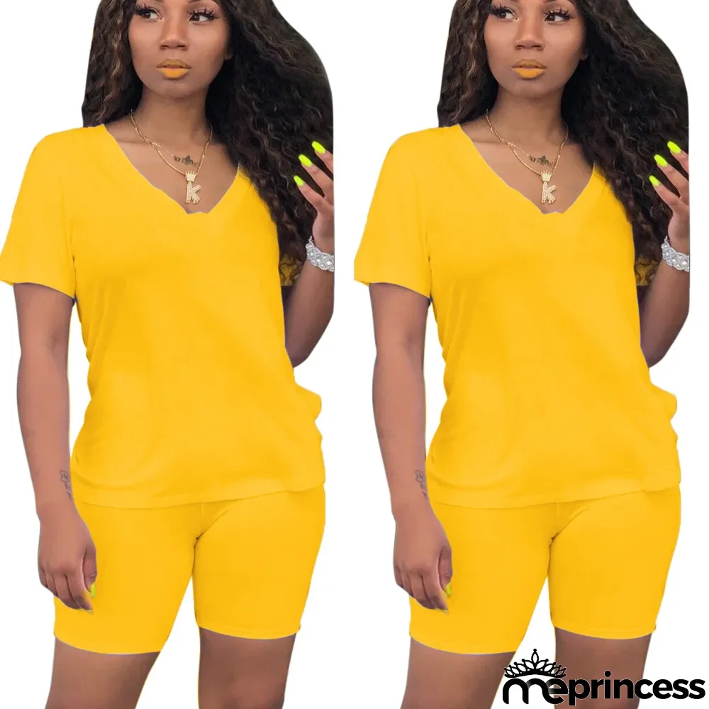 Plus Size Solid V Neck T Shirt And Shorts 2 Piece Sets