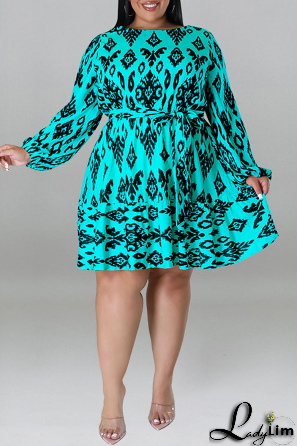 Light Apricot Casual Print Bandage Patchwork O Neck Straight Plus Size Dresses