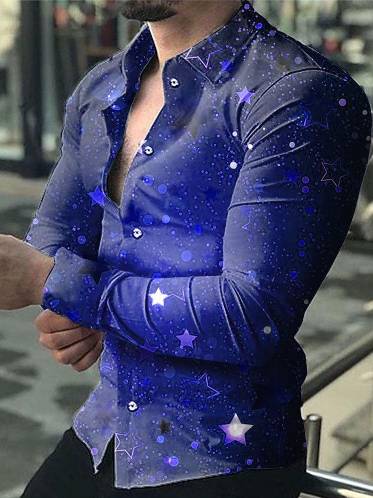 Men's Dark Blue Starry sky Printed Long Sleeve Shirt