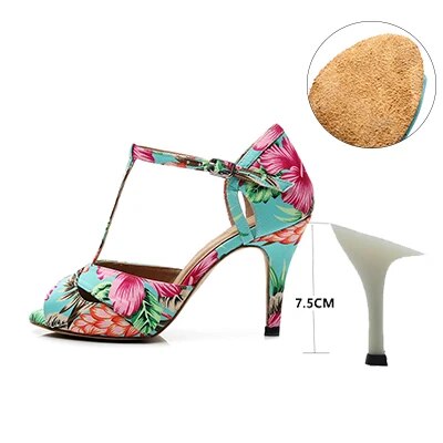 VCshoes Woman Latin Ballroom Flower Print Dance Shoes Silk Stain Suede Sole Jazz Salsa Cuban Slim Heels Ladies Open Toes Stiletto