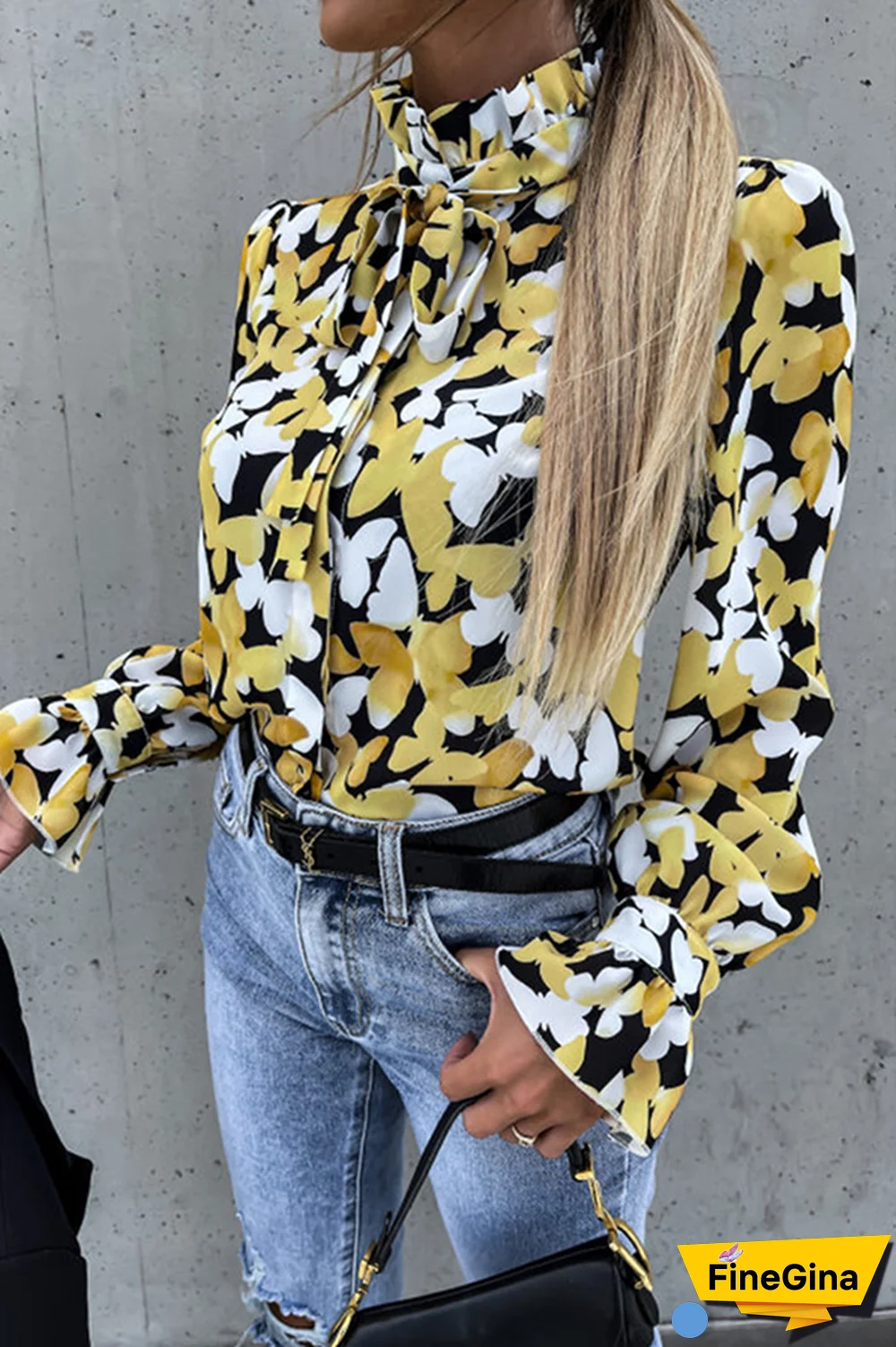 Fashion Elegant Print Flounce Strap Design Stringy Selvedge Collar Tops