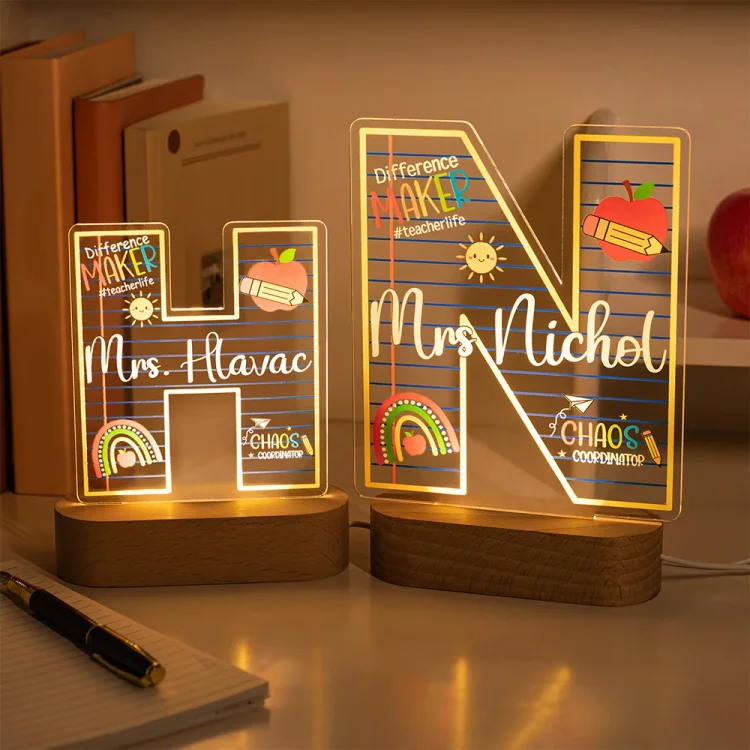 Personalized Difference Maker Apple Pencil Initial LED Night Light with Name and Wooden Base Teacher's Day Appreciation Birthday Gift for Teacher
