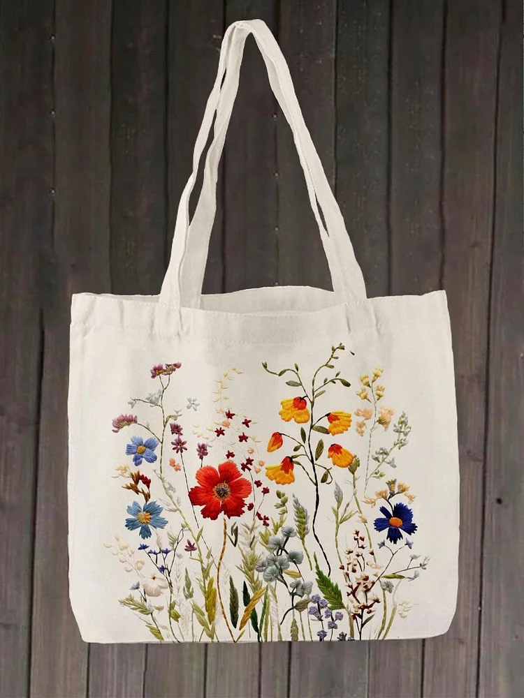 Flower Pattern Linen Tote Bag