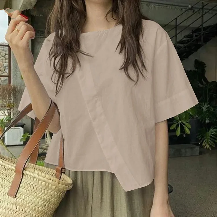 Women Summer Casual Round Neck Irregular Hem Solid Color Cotton and Linen Top