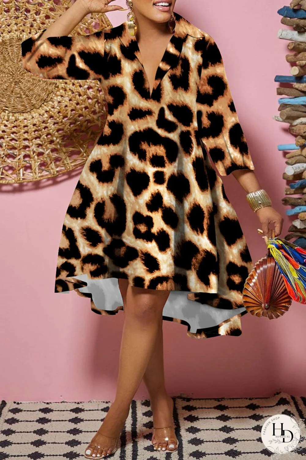 Leopard Print Fashion Casual Print Patchwork Turndown Collar Shirt Dress