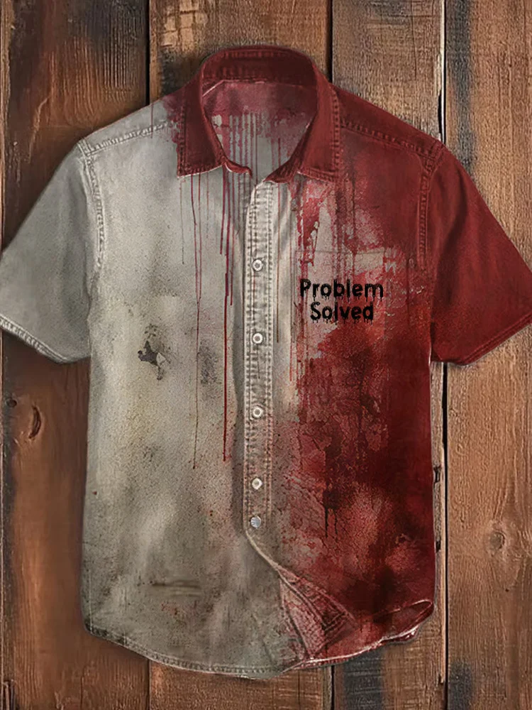 Utbros Men's Bloody Problem Solved Halloween Print Casual Pocket Short Sleeve Shirt