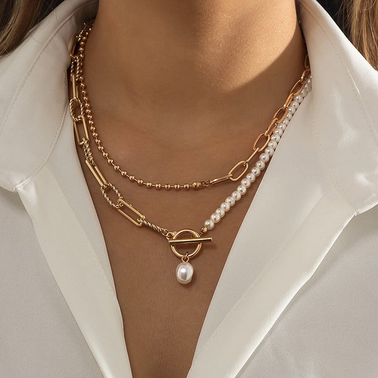 Pearl Pieced Metal Chain Stacked Necklace