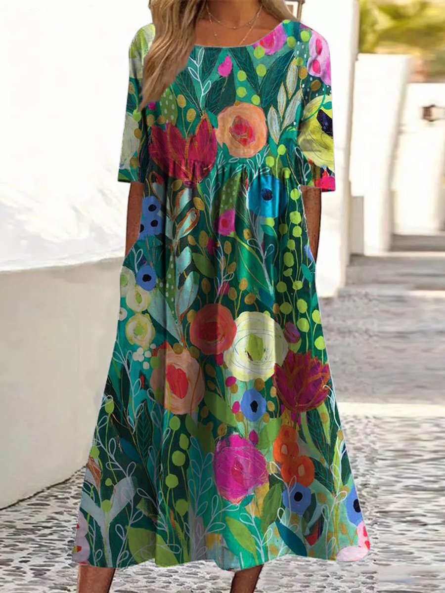 Women's Vintage Lovely Floral Art Print Pocket Cotton Dress