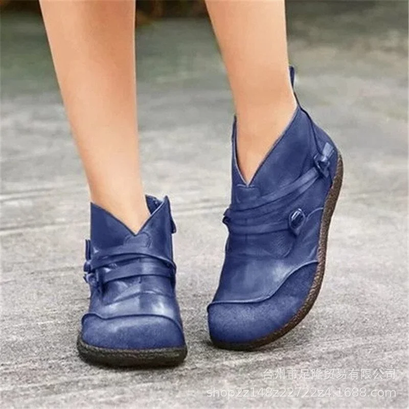 2019 Autumn New Vintage Side Zipper Women Shoes Comfortable Flat Heel Boots Female Zipper Short Boots Leather Ankle Boots