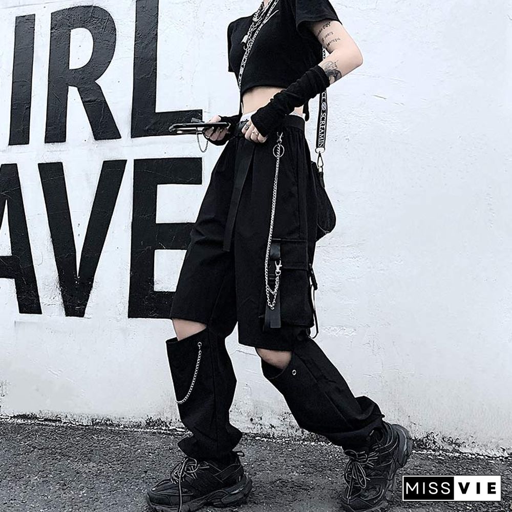 Casual Pants Chain Broken Hole Elastic Waist