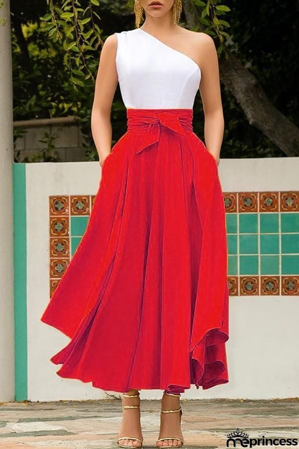 High Waist Pockets Bow Tie Skirts