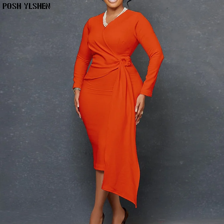 Autumn Bodycon Midi Dress African Dresses for Women 2022 Daily Elegant High Waist Bandage Long Sleve Robe Femme African Clothes QueenFunky