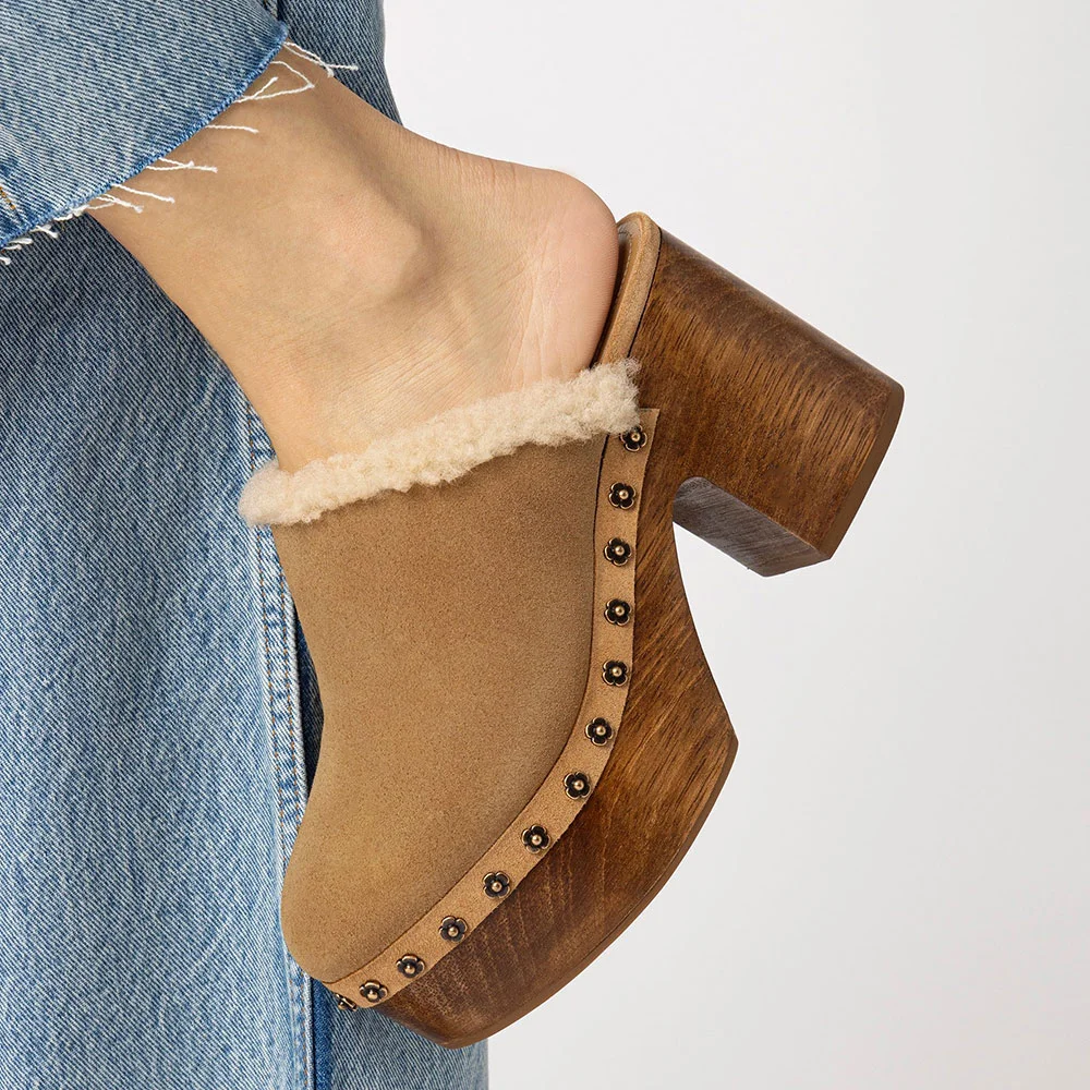 Tan Block Heel Platform Floral Studded Vegan Wool Mules for Women