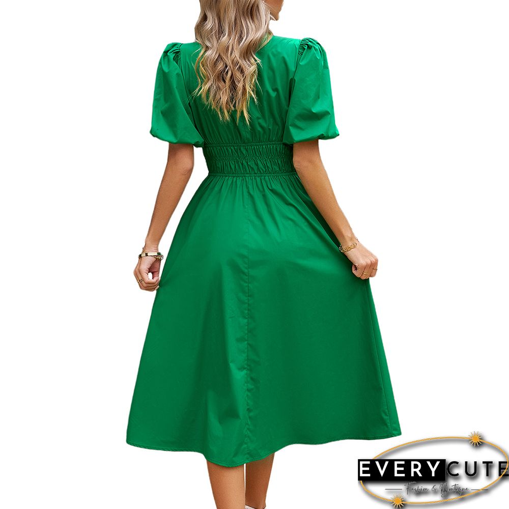 Green Solid V Neck Pleated Waist Midi Dress
