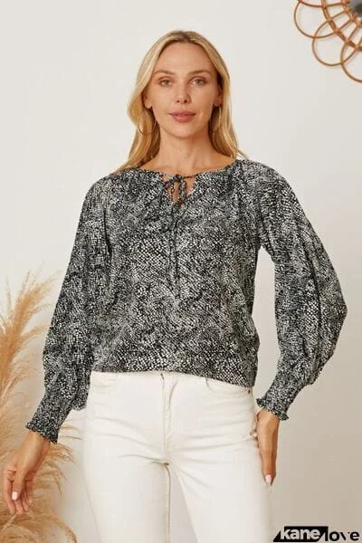 Printed Tie Neck Lantern Sleeve Blouse