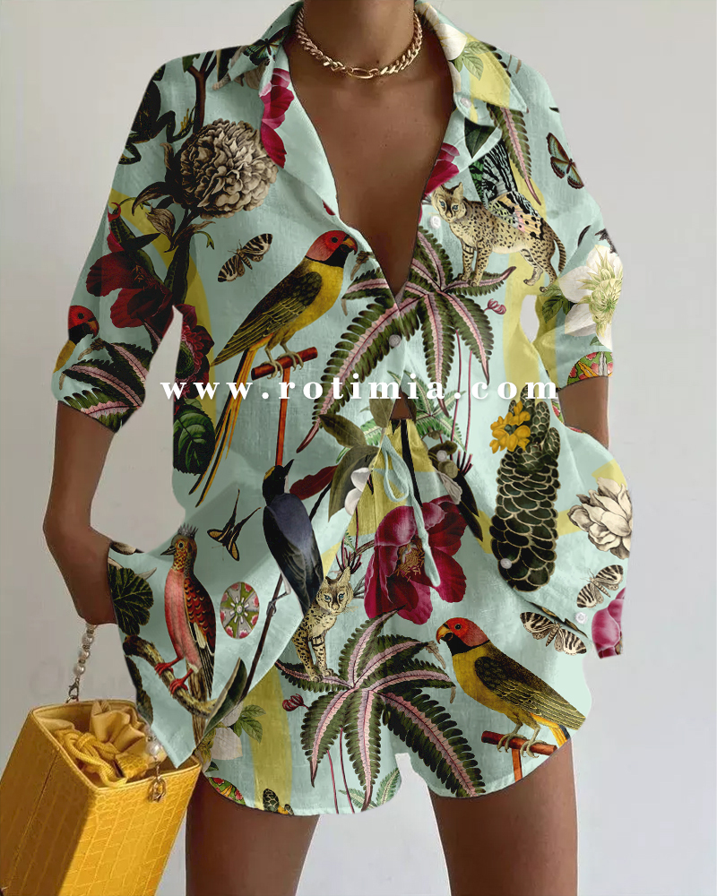 Jungle bird print vacation two-piece set