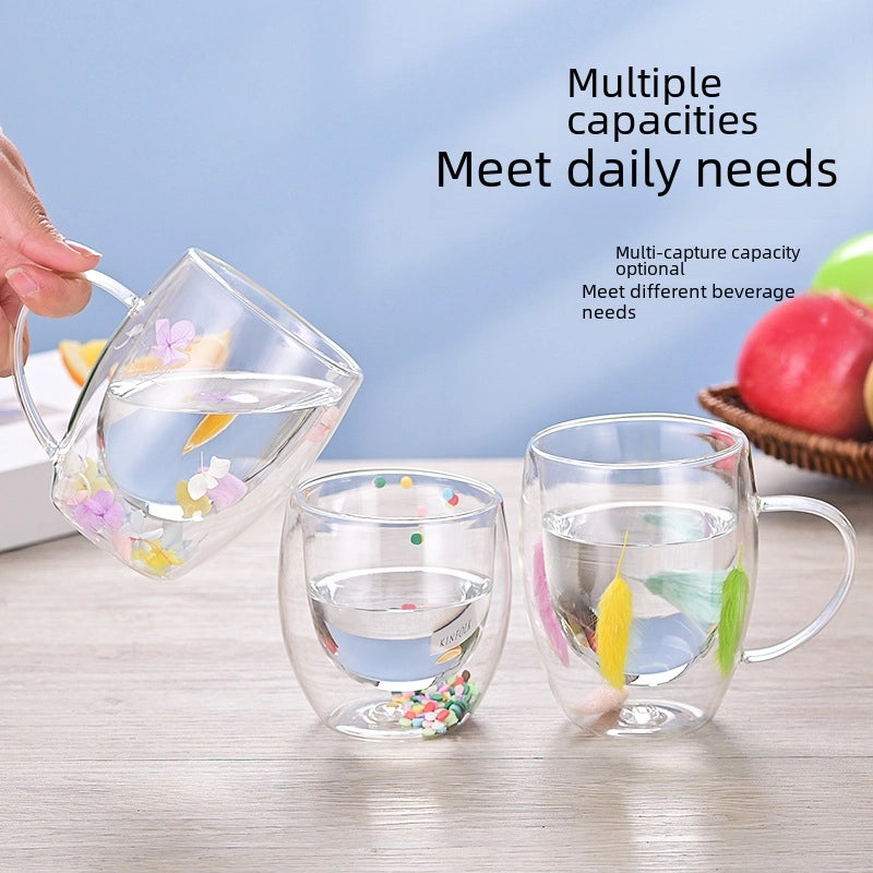 Double-layer Glass Quicksand Flower Cup Borosilicate Glass Double-layer Cup Breakfast Milk Coffee Cup Household Drinking Cup