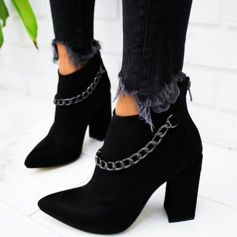 Fashion Chain Women's Boots Leather Heels Back Zipper Woman Boots Pointed High Heels Shoes For Women 2021 Ankle Boots Female