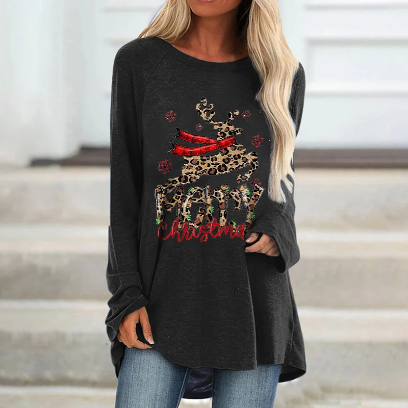 Merry Christmas Deer Printed Loose Women's T-shirt