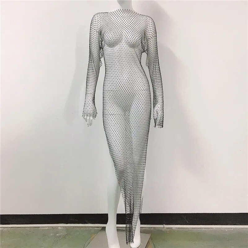 Rhinestone Mesh Mini Dress Women Summer Open Back Slit Long Dresses Ladies Beach Babes See Through Sexy Fishnet Skirt 19 Rhinestone Mesh Mini Dress Women Summer Open Back Slit Long Dresses Ladies Beach Babes See Through Sexy Fishnet Skirt
