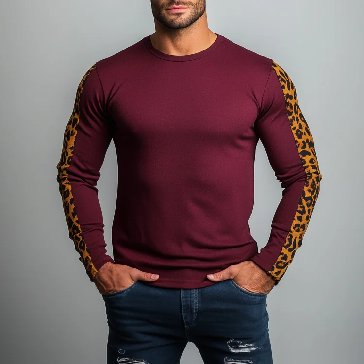Okaywear Leopard Pattern Patchwork Crew Neck Long Sleeve T-Shirt Okaywear