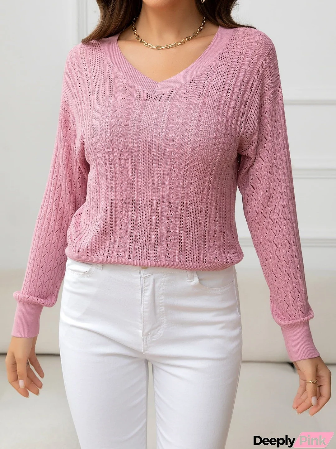 V-Neck Long Sleeve Eyelet Knit Top