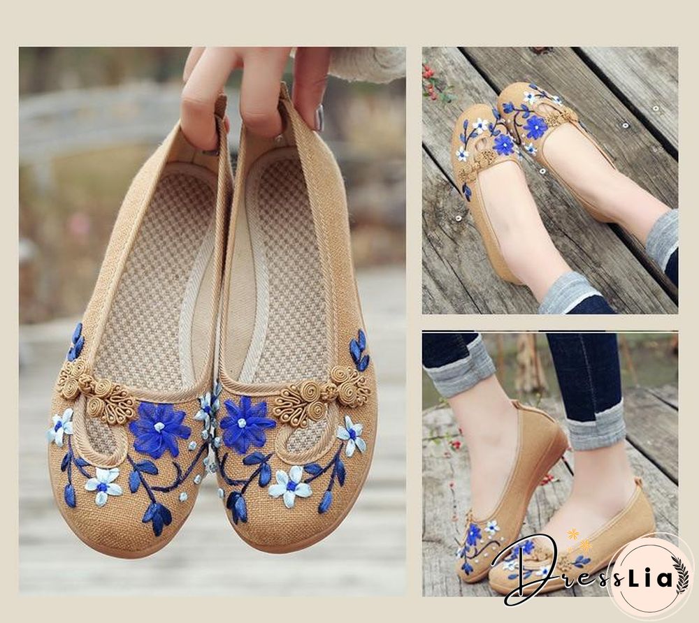 3D Flowers Women Linen Slip On Ballet Flats Breathable Fabric Shoes