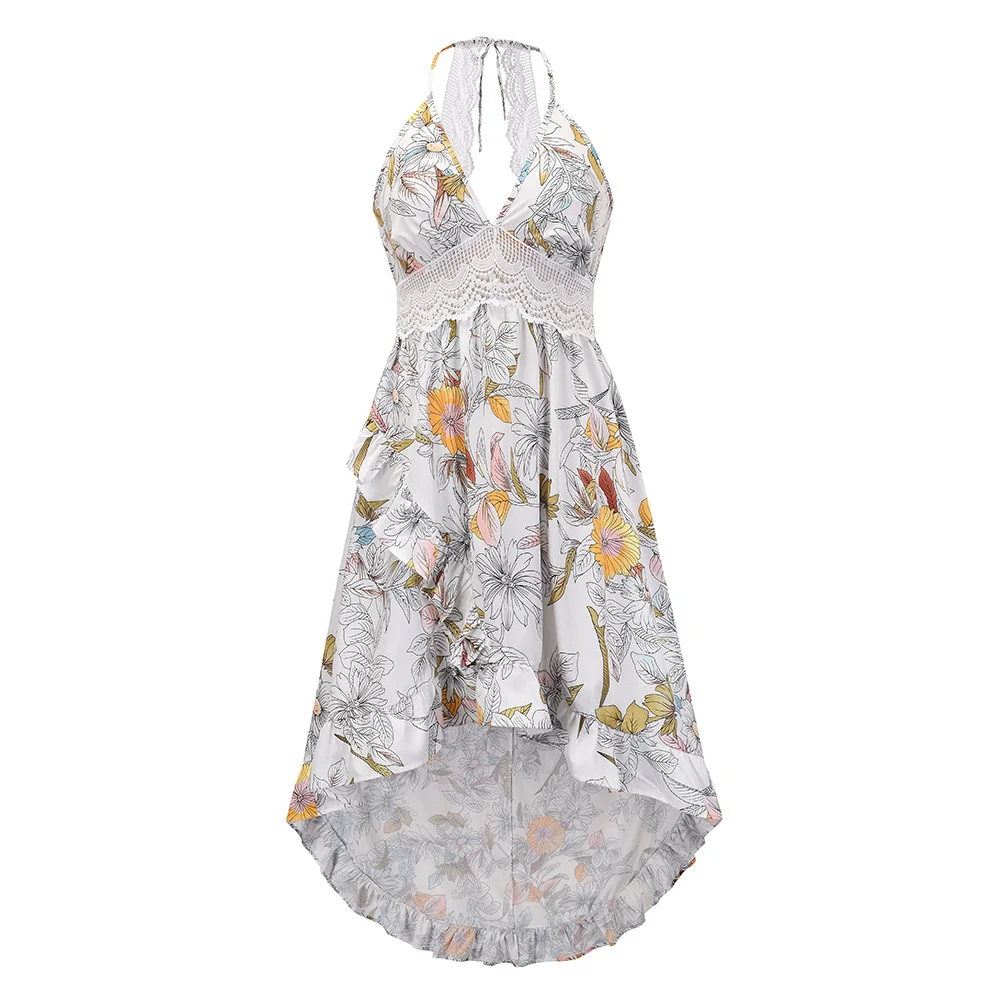 V Sexy Beach Openwork Lace Sling Irregular Skirt Dress