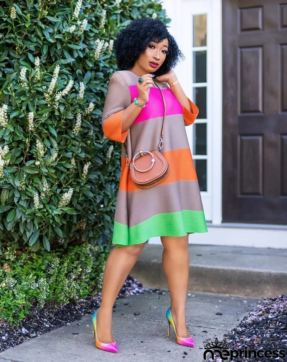 Casual Striped 3/4 Sleeve A-line Dress