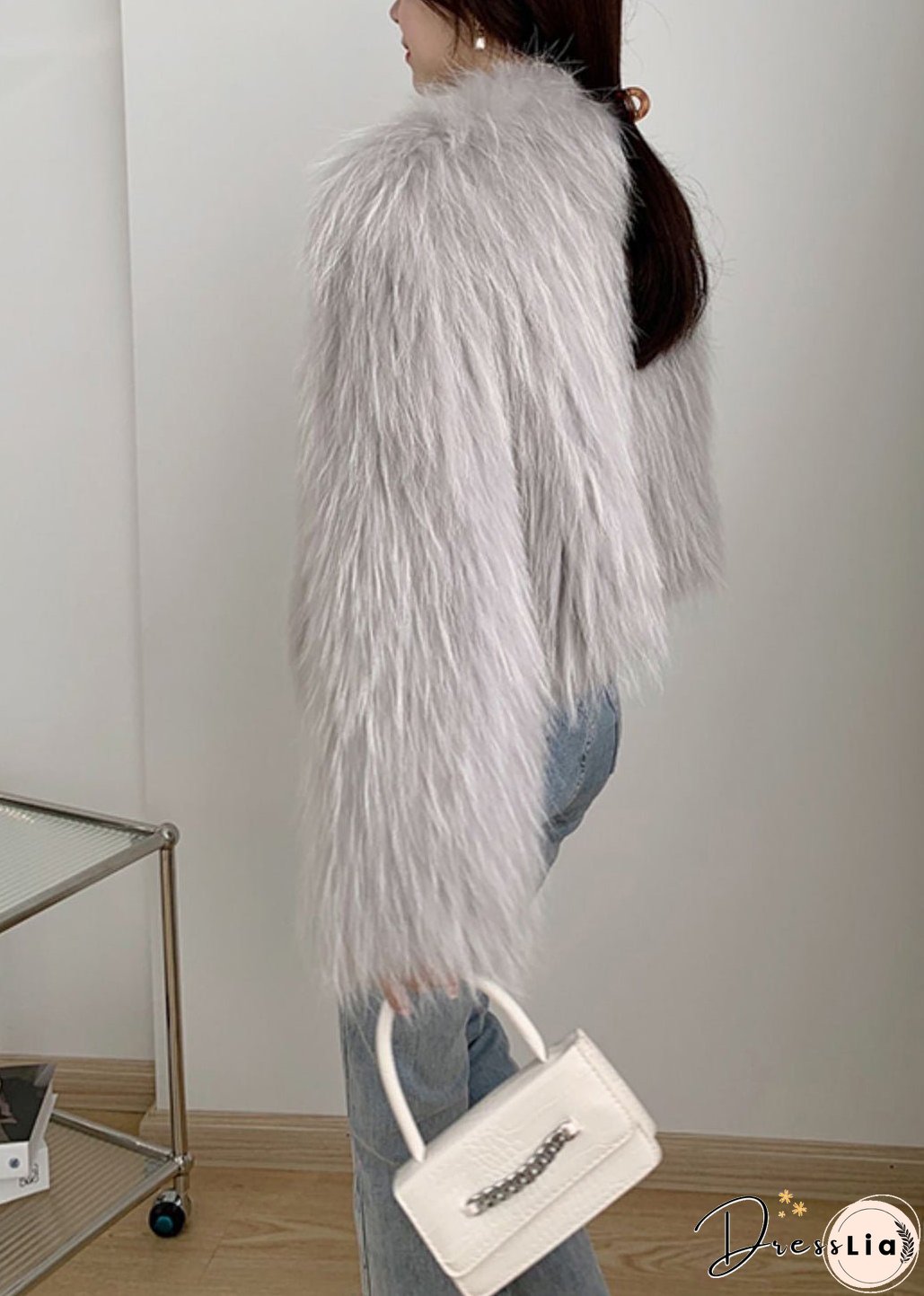 Light Grey Patchwork Faux Fur Coat V Neck Winter