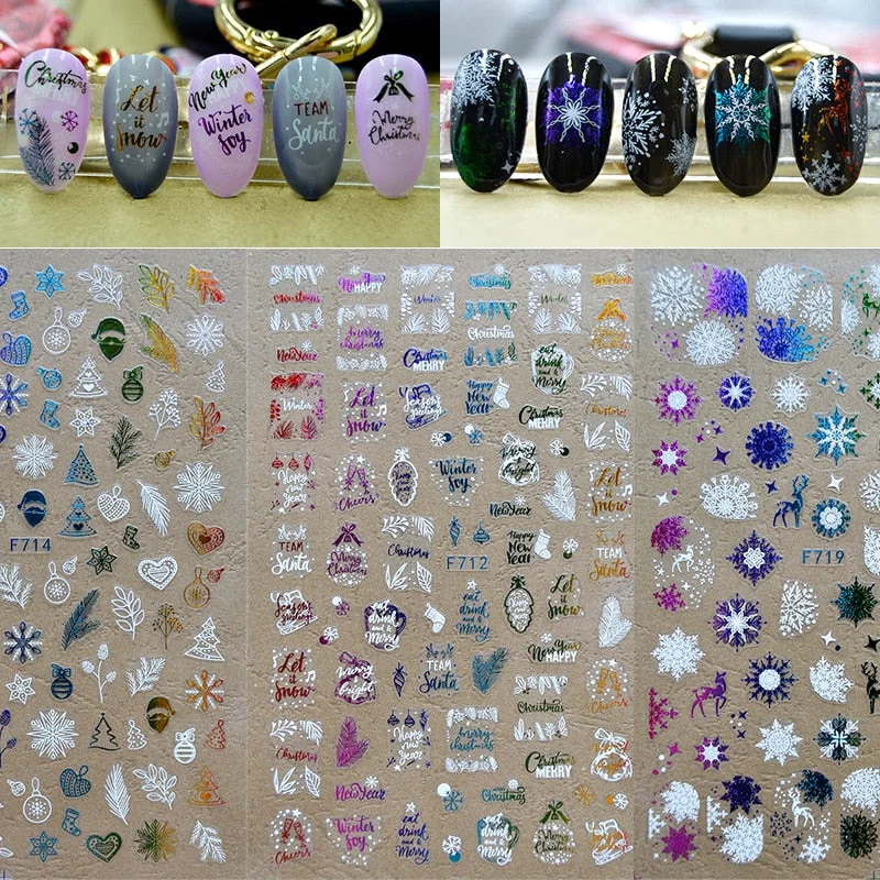 3D Christmas Nail Art Decoration Stickers Sparkly Gold White Colorful Glitter Geometry Snowflake Winter Slider Nail Foils-Nail Inspo