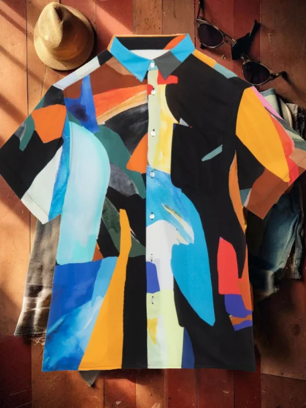 Men's multicolor printed pattern cotton linen shirt