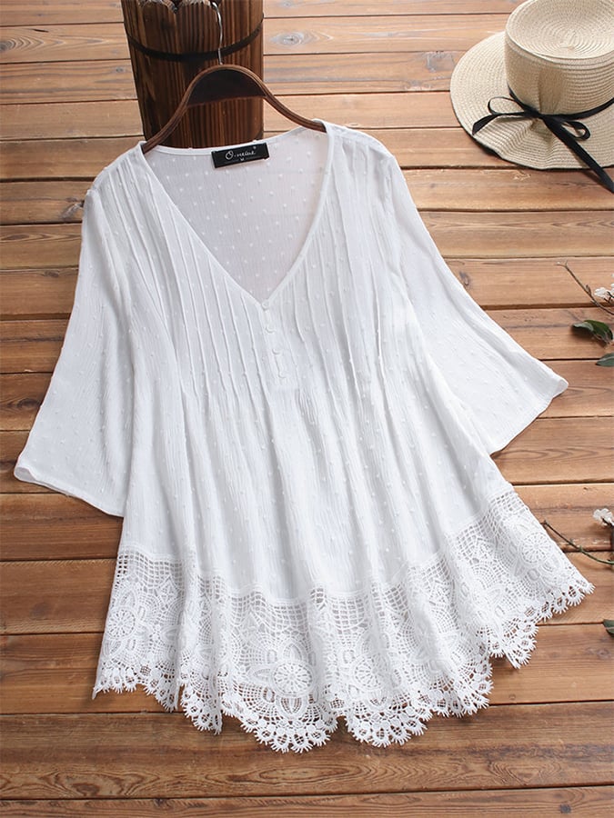 V-Neck Lace Cutout Jacquard Shirt