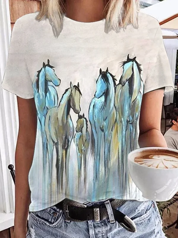 Women's Western Vintage Oil Painting Horse Print T-Shirt