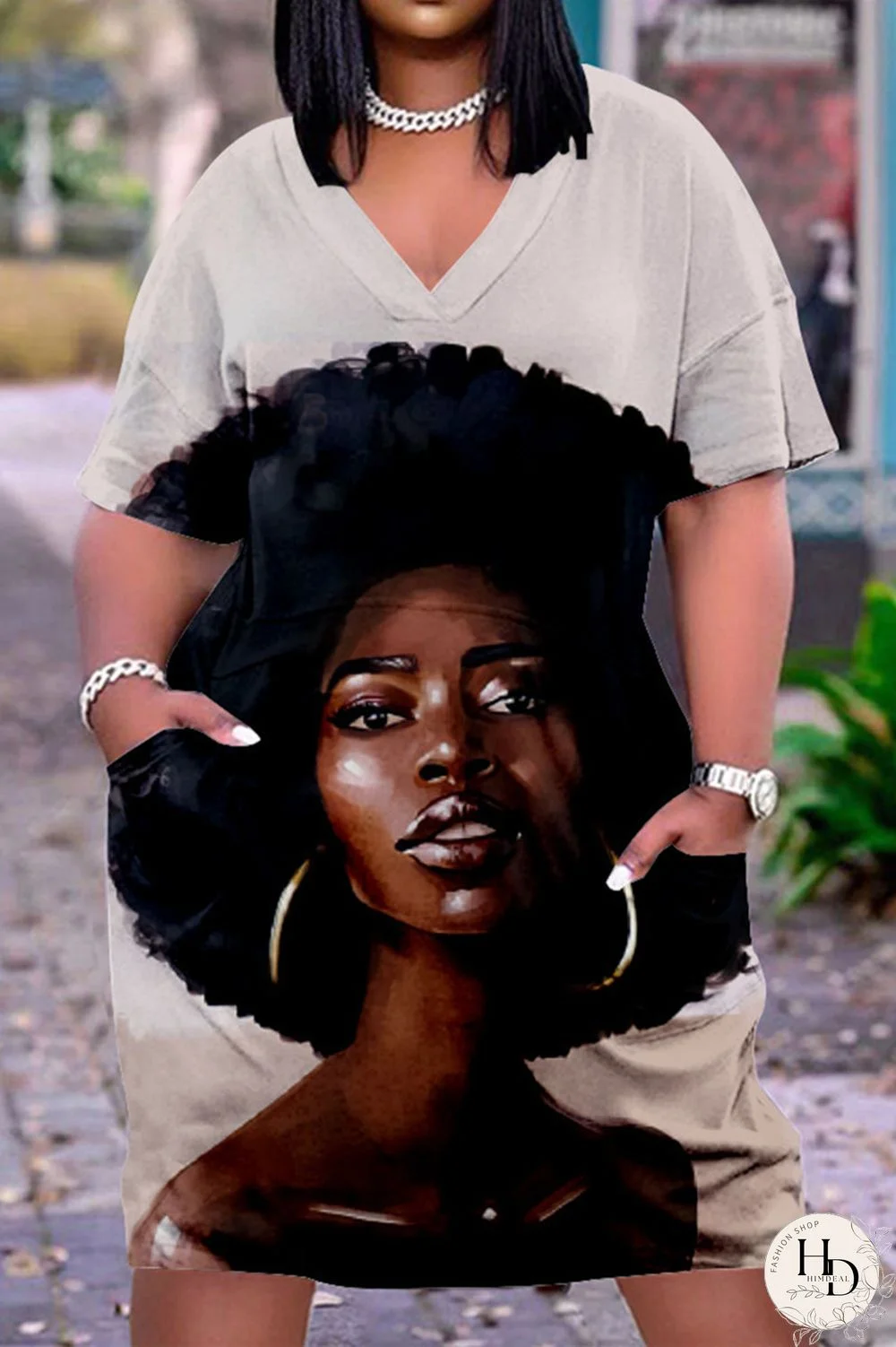 Shallow Yellow Fashion Casual Print Basic V Neck Short Sleeve Dress