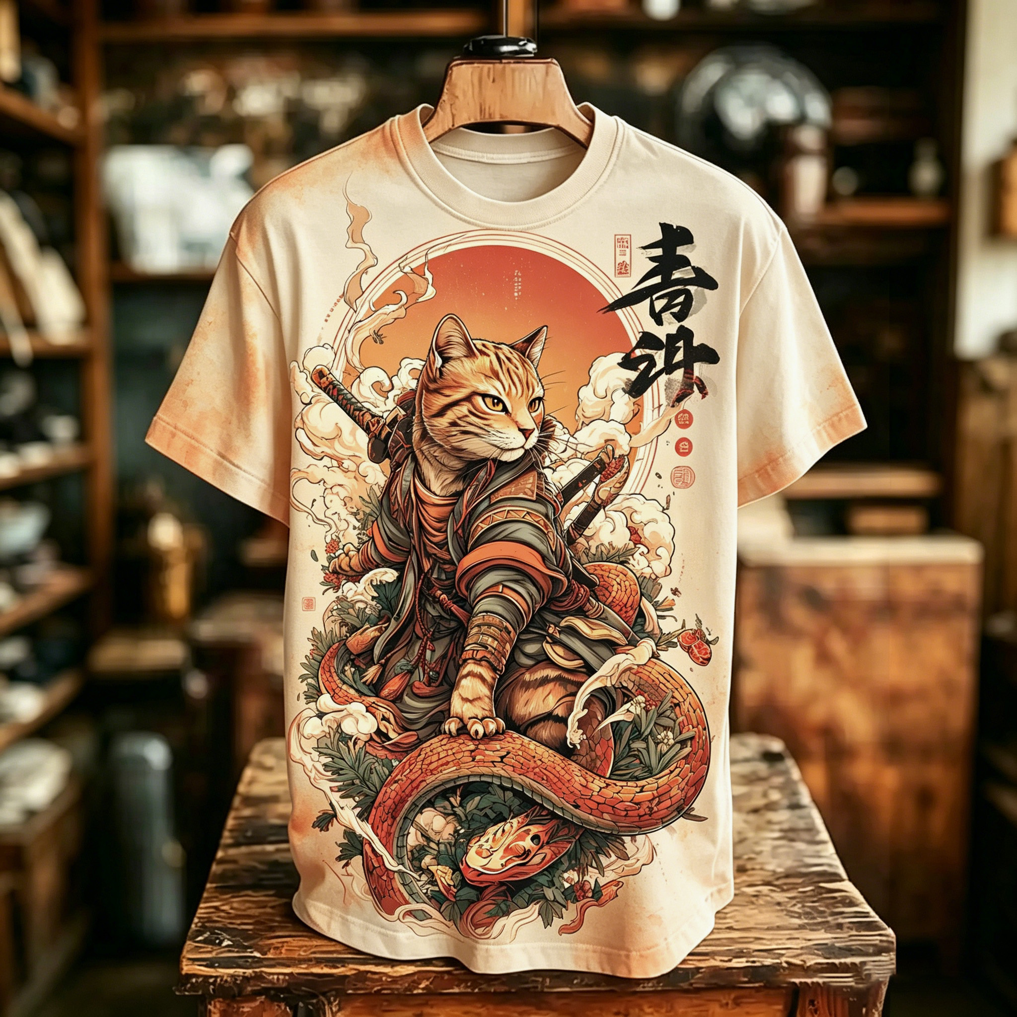 Comstylish Men's Japanese Samurai Cat And Snake Pattern Art Print T-shirt