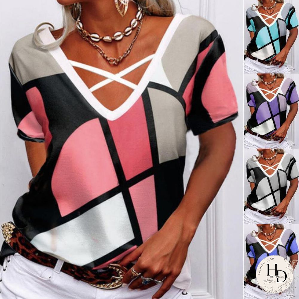 Summer New Women T Shirt Short-sleeved Casual Loose V-neck Geometric Print T-shirt Women's Clothing