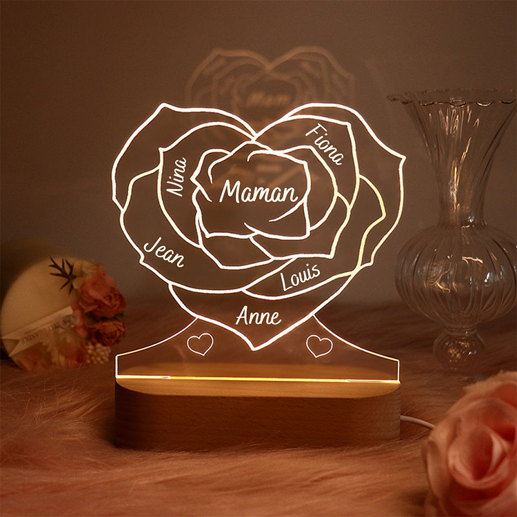 Lampe de chevet LED Rose 5 prénoms personnalisée avec texte Jessemade FR