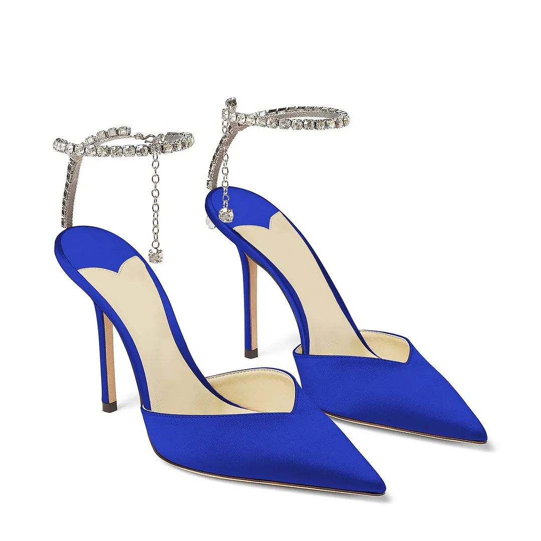 100mm Women's Sandals Crystal Chain Ankle Straps Rhinestones Buckle Heels Stiletto Satin Dress Shoes-vocosishoes