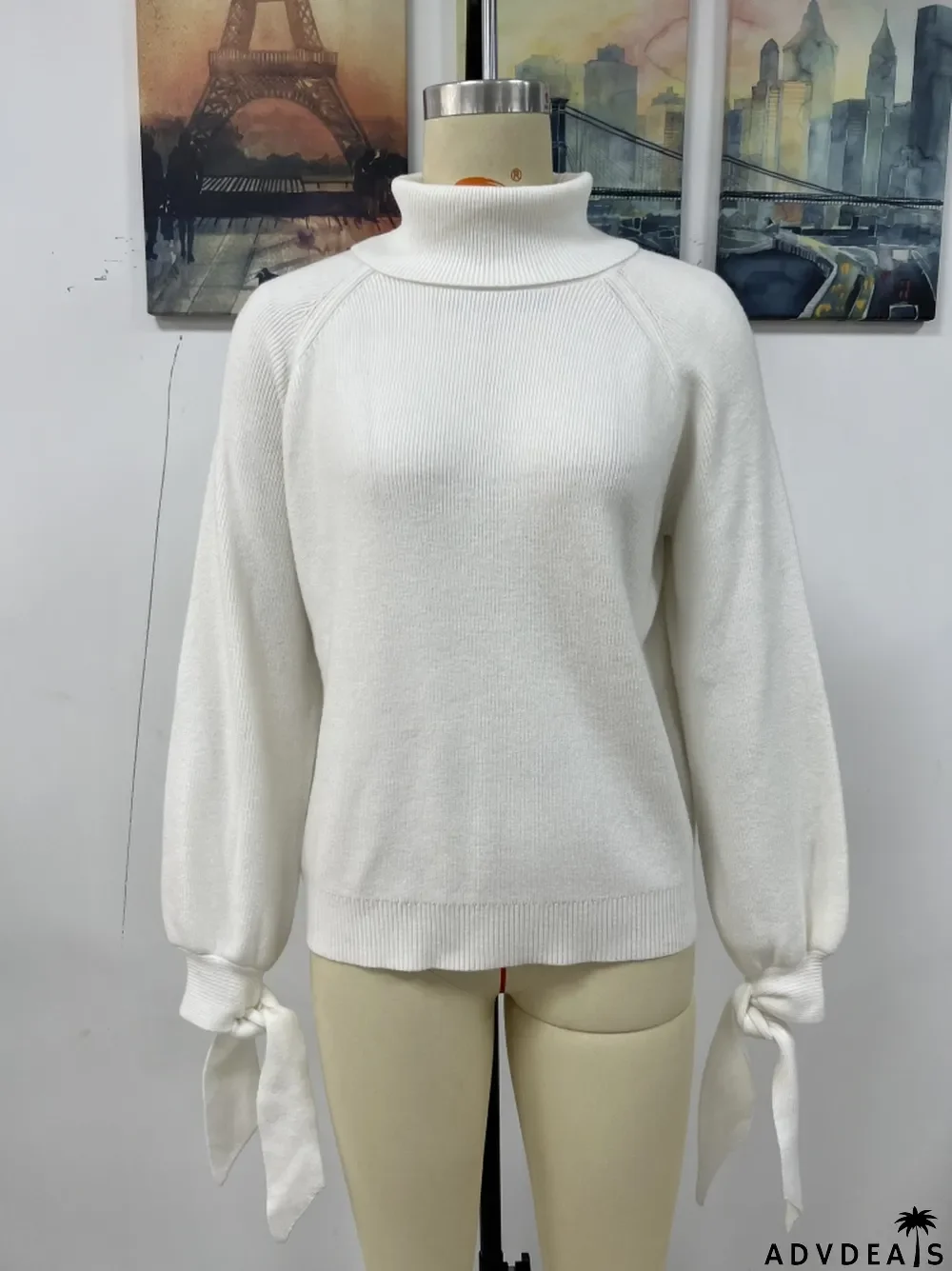 Women's autumn and winter fashion lace-up long sleeve knitting loose pullover turtleneck sweater