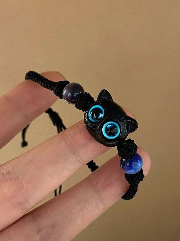 Women's Retro Cute Cat Head Bead Woven Bracelet