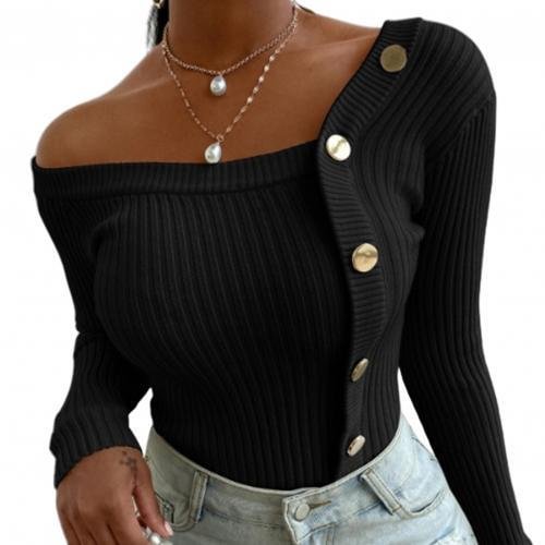 Fashion Women Autumn Blouse One Shoulder Ribbed Buttons Slim Knit Sweater